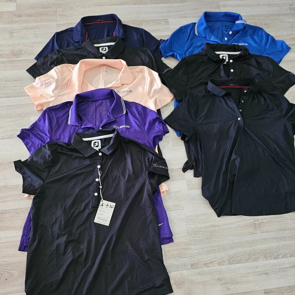 13 Ladies Golf Shirts  - Various Colors/ Logos - Mixed Med and Lg sizes